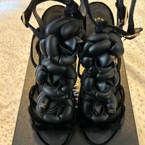 CHANEL Black Camellia-Embellished Strappy Heels